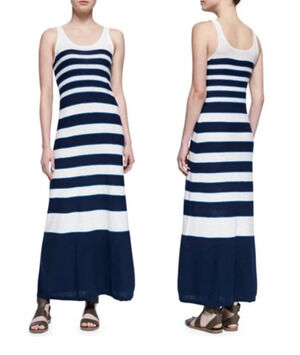 Vince Womens Maxi Dress XS Blue Striped Knit Jersey Beach Costal Resort Summer